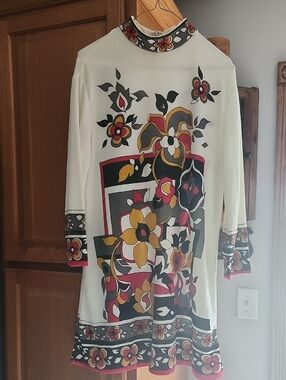 Vtg 70's Fairfield Boho Hippie Printed Floral Long-Sleeve Tunic Dress In Cream